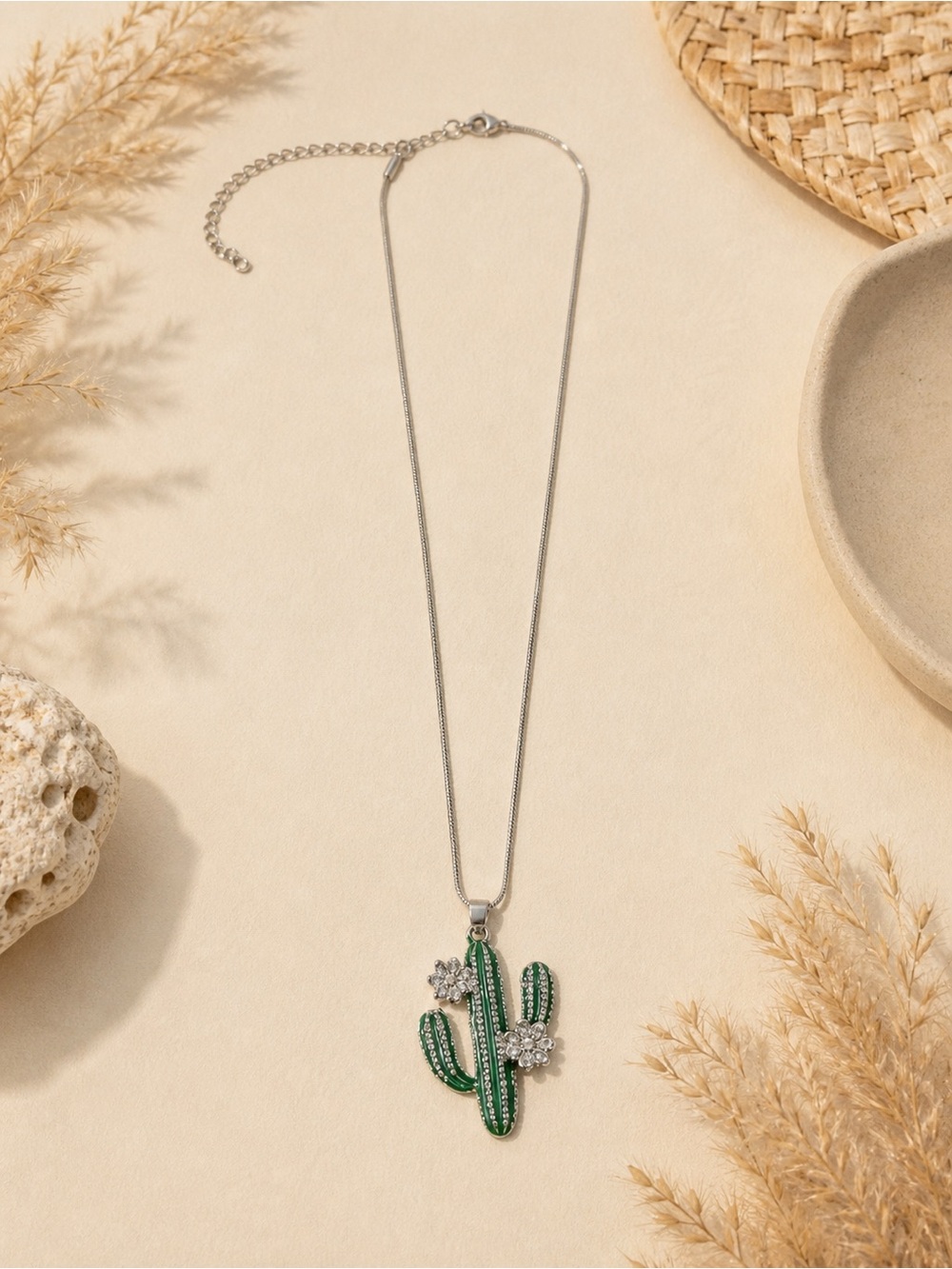 paparazzi Silver Necklace with Green Cactus and Floral Accents